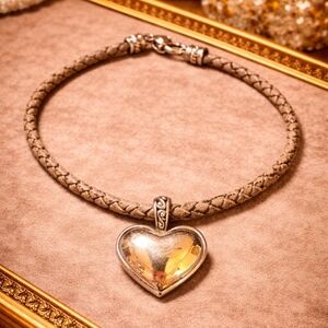 Vintage Silver Heart Pendant on Braided Leather Necklace
